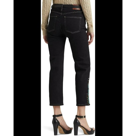 NWT Ralph Lauren Beaded High-Rise Straight Cropped Jeans in Black Rinse 28 - Picture 2 of 11